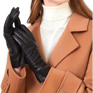 🆕Women Black Lambskin Leather Gloves, Winter Warm Cashmere Lined Driving Gloves